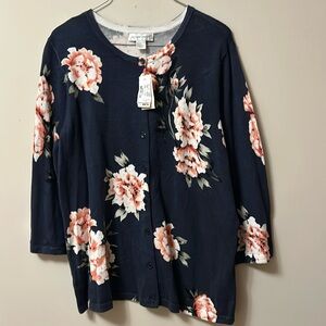 Christopher & Banks button front sweater navy / pink roses size L new with tags